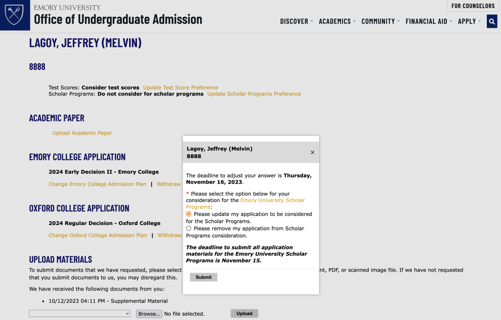 Screenshot of the Emory Applicant Portal showing the Scholar Program Preference Form.