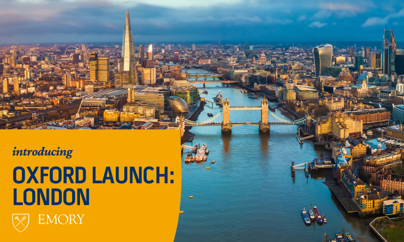 aerial photograph of London with the text "introducing oxford launch: london"